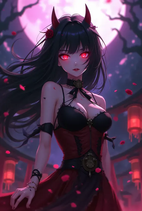Malevolent anime girl with a sinister smile and glowing crimson eyes emerging from swirling darkness. Her long, jagged black hair flows unnaturally as if alive, intertwining with wisps of shadow. She wears a tattered blood-red and black outfit with sharp, ...