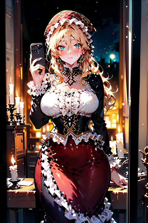 score_9_up,score_8_up,score_7_up,score_6_up,score_5_up,score_4_up,(((1 girl))),(((solo))),(milf),(mature female),blonde hair,blue eyes,(open eyes),(classical dress),long sleeves, long skirt ,(((frills))),((chapeau)),(((curvy))),closed mouth,(((looking at a...