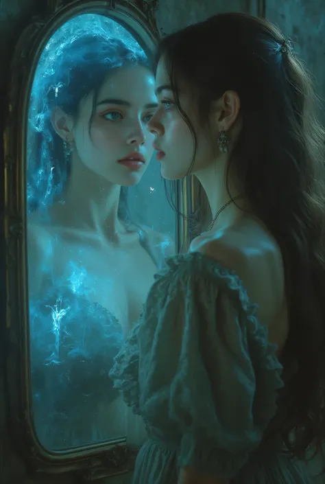 woman standing in front of a mirror、The woman in the mirror is strangely beautiful、Touch each other's faces with your hands、Strange images