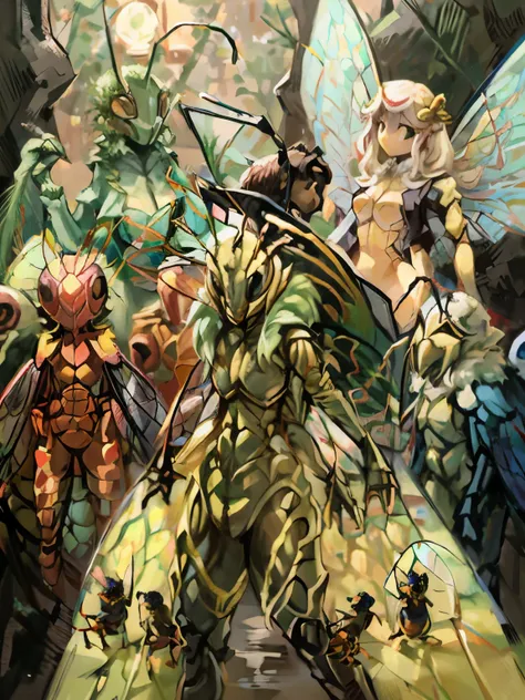An insect king in the middle of a bunch of insect girls, Homem abelha, garota mariposa, garota louva-deus, garota carangueijo, garota borboleta, insects flying in the background, insect girl looking at the bee man in the middle, boa qualidade, Harmonious l...