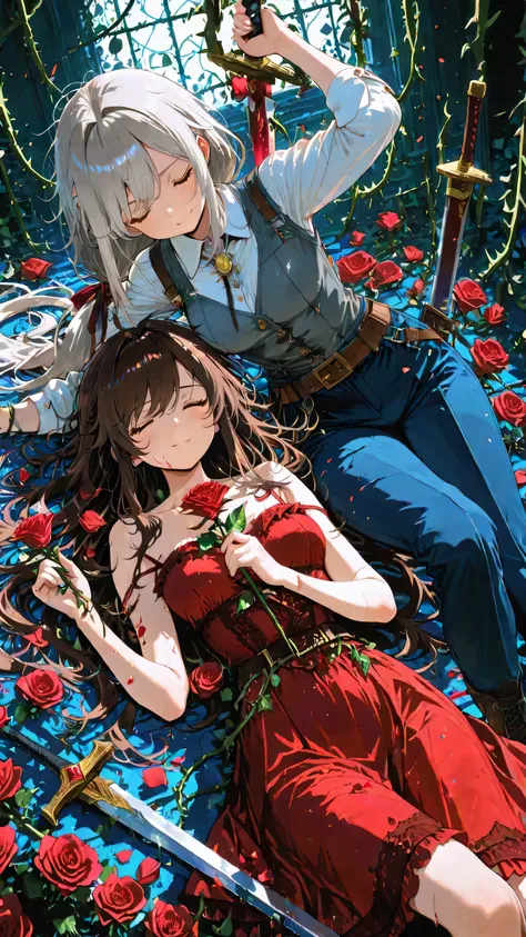 (masterpiece:1.2, Best Quality), (finely detailed beautiful eye: 1.2), (beautiful detailed face, good_hands), 2girls, dynamic angle,character: ((holding roses, thorns)), ((laying on roses)), ((wrapped in rose vines)), pained smile, closed eyes, brown hair,...