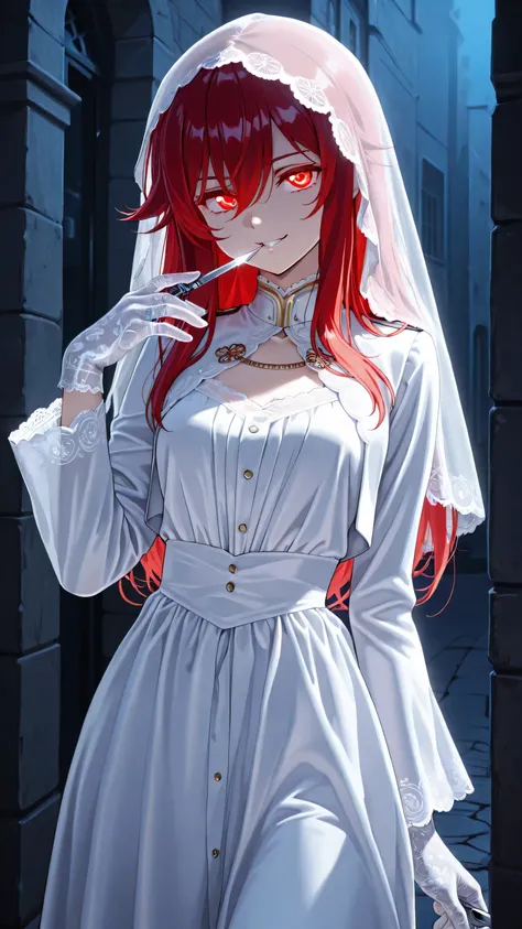 Cute,748cmstyle,masterpiece, best quality, ultra detailed, hauntingly beautiful, cute but terrifying shadowy assailant. She has red hair. She wears a delicate, pure white lace veil that completely covers her face, slightly translucent. Her small, gloved ha...
