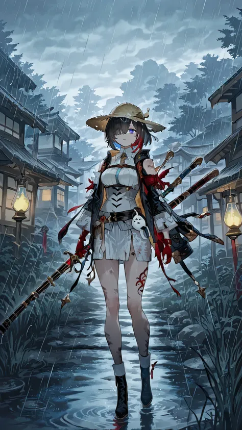 Ghost of Yotei warrior with a Katarina in her hand while Katarina is covered in blood: A highly detailed digital painting of a Ghost of Yotei warrior with a Katarina in her hand while Katarina is covered in blood, confidently standing with Katarina in bloo...