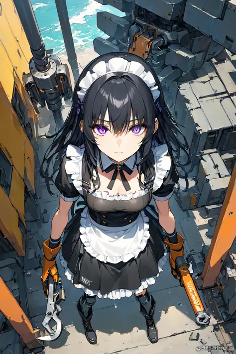 (masterpiece, highest quality), (very detailed, highest quality, official art, beautiful and aesthetic: 1.2) , 1 maid girl, face focus ,from above ,boarding bridge ,fence, Broken combat robot, mechanic, full harness ,Waist tools,retro , wall, sunlight, Bla...