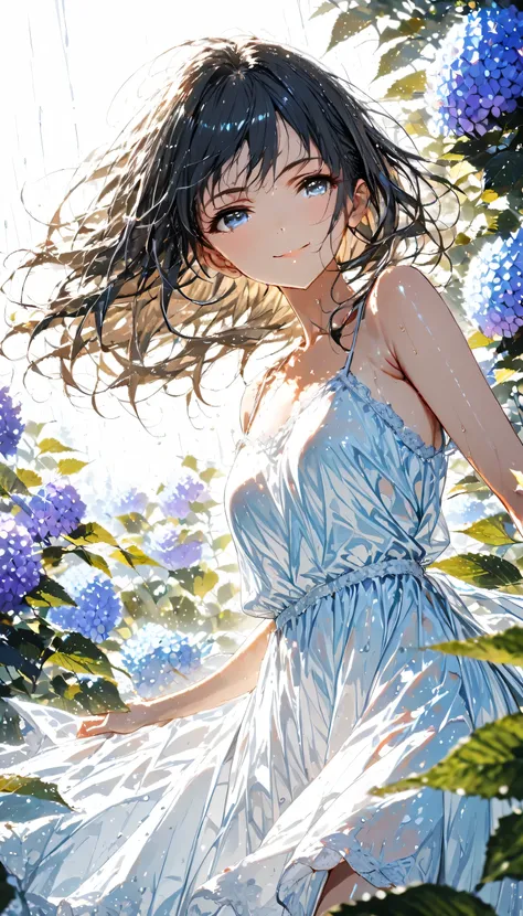 masterpiece, best quality, ultra-detailed, 8k, high resolution, Gentle colors, soft focus, dreamy background, White background, Hydrangea background, Delicate and dynamic, light rain, The wind is blowing, 1 girl, Long white camisole dress, Wet and shiny bl...