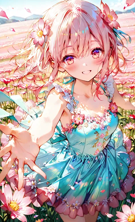 anime girl in flower dress, standing in bloom-filled meadow, reaching out toward someone running toward her, petals floating, sunshine glow, cinematic lens blur, smiling softly, high detail eyes and skin, 3/4 view,