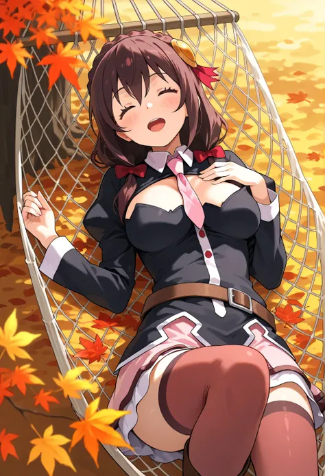 Yunyun konosuba,,smile,(Open His Mouth)、blush、autumn leaves、(hammockに寝転んでる)、outside、hammock、 Highest Quality、smile、autumn leavesが舞ってる、Looking up、I'm moved、is fascinating、view from above、Extend one hand toward Momiji in a sleeping position
