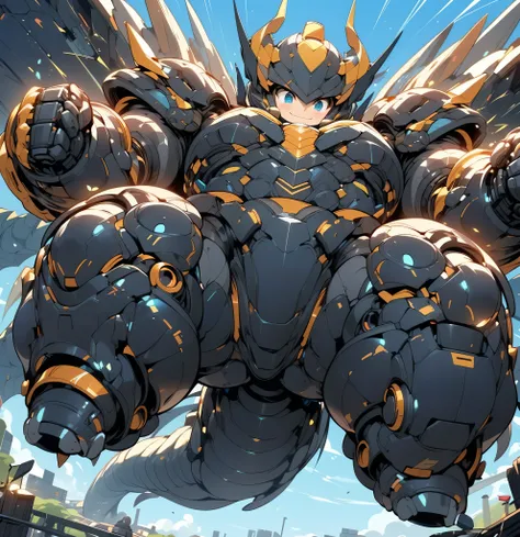 (((1 chibi boy in large robot costume, from below))), (smile face:1.5), (full helmet but open mouse area:2.0), (full helmet:2.0), 1boy, male child, (chibi), (bulky:1.8), (megaman face:1.3), mechanical parts, (full dragon armor:1.8), (mecha armor:1.8), (sho...