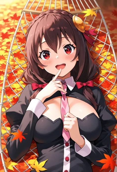 Yunyun konosuba,Crimson Eyes,smile,(Open His Mouth)、blush、autumn leaves、(hammockに寝転んでる)、outside、hammock、 Highest Quality、smile、autumn leavesが舞ってる、Looking up、I'm moved、is fascinating、view from above、Extend one hand toward the sky while lying on your back