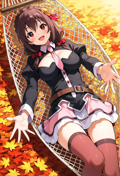 Yunyun konosuba,Crimson Eyes,smile,(Open His Mouth)、blush、autumn leaves、(hammockに寝転んでる)、outside、hammock、 Highest Quality、smile、autumn leavesがいっぱい舞ってる、Looking up、I'm moved、is fascinating、view from above、Extend one hand toward the sky while lying on your bac...