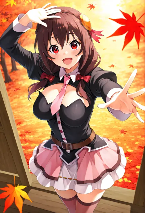 Yunyun konosuba,Crimson Eyes,smile,(Open His Mouth)、blush、autumn leaves、(standing in the teacher's house)、outside、 Highest Quality、smile、autumn leavesがいっぱいDancing 、Looking up、I'm moved、is fascinating、extends its hands to the sky、(reaching)、Dancing 、skirt a...