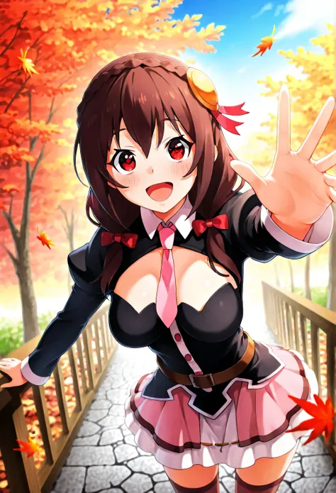 Yunyun konosuba,Crimson Eyes,smile,(Open His Mouth)、blush、autumn leaves、(standing in the teacher's house)、outside、 Highest Quality、smile、autumn leavesがいっぱいDancing 、Looking up、I'm moved、is fascinating、extends its hands to the sky、(reaching)、Dancing 、skirt a...