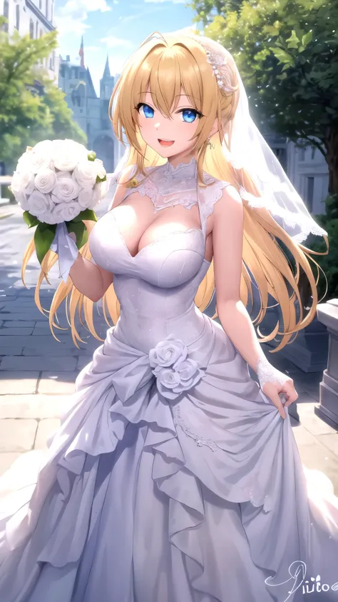 masterpiece, best quality, high quality, girl, solo, looking at viewer, yuuto_kiba, blonde hair, blue eyes, hair between eyes, large breasts, wedding Dress, standing, smile, open mouth, outdoors 
