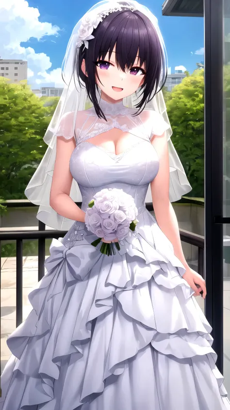 masterpiece, best quality, high quality, girl, solo, looking at viewer, amane_fujimiya, large breasts, wedding Dress, standing, smile, open mouth, outdoors 