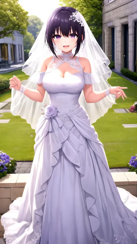 masterpiece, best quality, high quality, girl, solo, looking at viewer, amane_fujimiya, large breasts, wedding Dress, standing, smile, open mouth, outdoors 