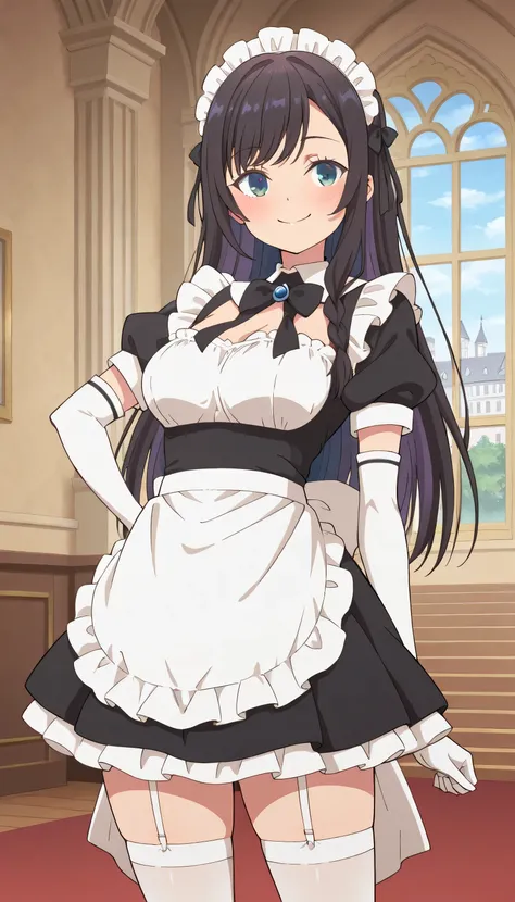 Score_9, score_8_up, score_7_up, source_anime, alina clover (girumasu), solo, long hair, multicolored hair, black hair, purple hair, swept bangs, black hair ribbon, single braid, blue eyes, (green eyes:0.8), (best quality), (high quality), {masterpiece}, e...