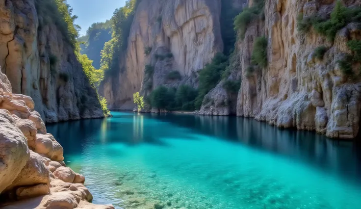 Crystal lake beneath a towering cliff, surrounded by ancient glowing stones, the water surface shimmering with subtle turquoise energy, creating gentle ripples of light. hyperrealistic, ultra details, ultra quality, HDR, 8K, clear photo, vivid color, natur...