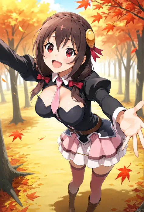 Yunyun konosuba,Crimson Eyes,smile,(Open His Mouth)、blush、autumn leaves、(standing in the teacher's house)、outside、 Highest Quality、smile、autumn leavesがいっぱいDancing 、Looking up、I'm moved、is fascinating、extends its hands to the sky、(reaching)、Dancing 、(skirt ...
