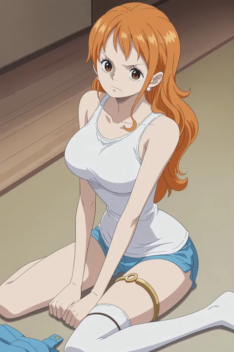 1girl,mm,mature female,orange hair,brown eyes,earrings,anime coloring,

panty thighlet, being undressed panty, wariza, large breasts, panty on thigh, tanktop,
single layer of panty thighlet

,masterpiece,best quality,amazing quality,