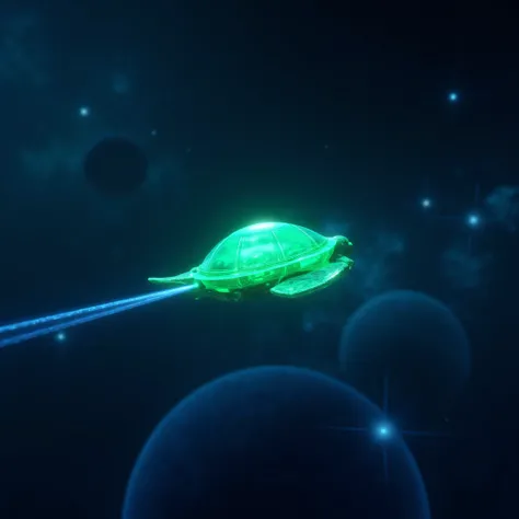 An illuminated spacecraft soars through space looking like a neon green holographic, translucent turtle shell, it has life forms inside that can be seen. Bright blue planets and a few stars can be seen in the background. Ultra-realistic, photo-realistic, ...
