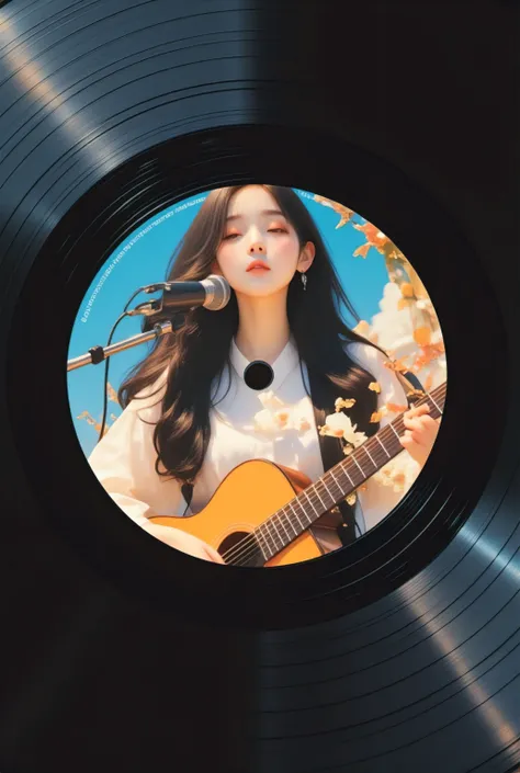 A highly photorealistic and naturalistic close-up image. The entire frame is filled by a large, prominent view of a black vinyl record, showcasing its delicate grooves and glossy reflections. In the very center of the record label, a small, circular spindl...