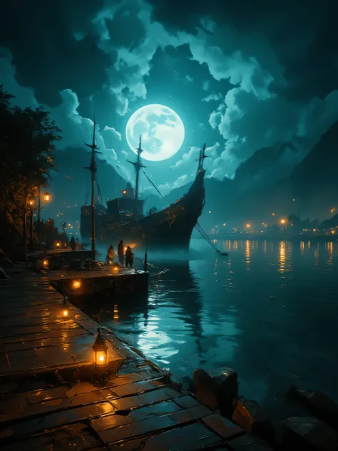  GHIBSKY style painting, masterpiece, best quality, (best quality,4k,8k,highres,masterpiece:1.2),(realistic,photorealistic,photo-realistic:1.37), oil painting, ultra-detailed — A cinematic night harbor where a colossal moon rests like a moored ship at a wo...