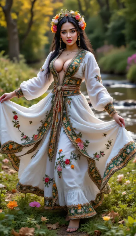 best quality, ultra highres, stunning Serbian woman in authentic folk costume captured mid-dance in sunlit flower meadow with river flowing gently behind her, attractive voluptuous female with striking green eyes and round face wearing traditional Serbian ...