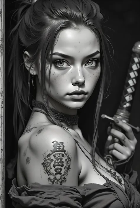 Subject/Composition: Black and white (monochrome), ultra-detailed, cinematic portrait of a beautiful female warrior (samurai/ronin) with an intense, seductive gaze. She is photographed from over the shoulder, turning back to face the viewer. Close-up, tigh...