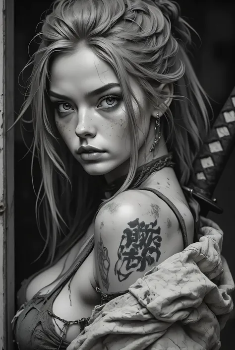 Subject/Composition: Black and white (monochrome), ultra-detailed, cinematic portrait of a beautiful female warrior (samurai/ronin) with an intense, seductive gaze. She is photographed from over the shoulder, turning back to face the viewer. Close-up, tigh...