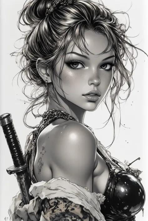 Subject/Composition: Black and white (monochrome), ultra-detailed, cinematic portrait of a beautiful female warrior (samurai/ronin) with an intense, seductive gaze. She is photographed from over the shoulder, turning back to face the viewer. Close-up, tigh...