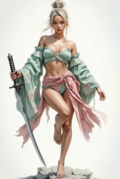 (masterpiece, best quality, ultra-realistic, photorealistic, cinematic rendering), a stunning young female warrior, (agile, graceful, dynamic one-legged balance pose:1.3), martial arts stance, elegant combat dance. Focused gaze, serene yet determined expre...