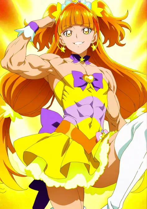 傑作、best quality、best resolution、best image quality、amazing quality、 very aesthetic、 absurdres、anime coloring、anime screencap、anime screenshot、1boy、cure twinkle is a boy、(male:1.6)、official anime style、boy is wearing a yellow strapless dress、orange brown ha...