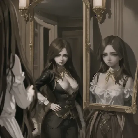 realistic,detailed,cinematic,dramatic,mystical mirror temptress,alluring seductive pose,captivating expression,piercing gaze,porcelain skin,flowing hair,ornate gold-framed mirror,dark baroque interior,dramatic lighting,moody atmosphere,oil painting