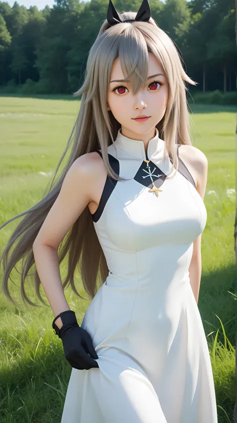 1girl, solo,eydish,red eyes,gray hair,(long hair:1.4),outdoors,potrait,medium breast,forest,front view,standing on grass field,grass field background,looking at viewer,hair between eyes,bodysuit,bare shoulders, black glove,(white dress:1.5),(close up:1.5),...