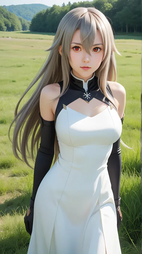 1girl, solo,eydish,red eyes,gray hair,(long hair:1.4),outdoors,potrait,medium breast,forest,front view,standing on grass field,grass field background,looking at viewer,hair between eyes,bodysuit,bare shoulders, black glove,(white dress:1.5),(close up:1.5),...