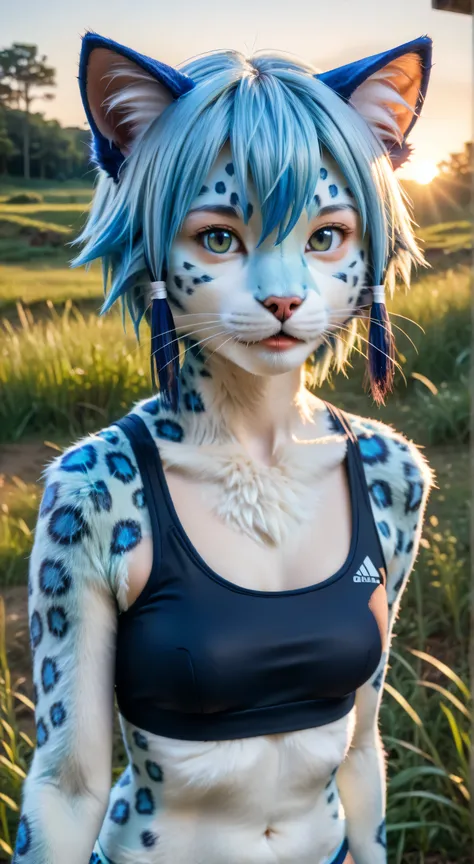 Masterpiece, best quality, 8k, ultra high resolution, photorealistic, cinematic composition.1girl, solo,asada shino,blue eyes,blue hair,hair between eyes, short hair,outdoors,potrait,small breast,nature,standing under ruins,sidelocks,(sunset lighting:1.5),...