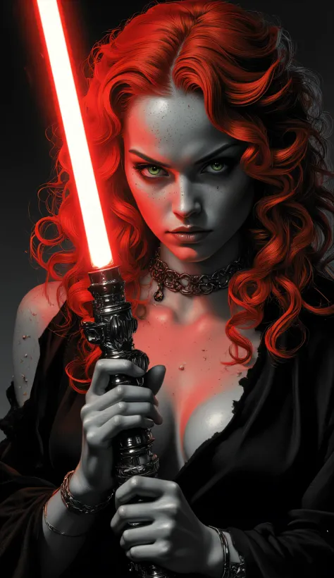 Subject/Composition: Black and white (monochrome), ultra-detailed, cinematic portrait of A beautiful, commanding Mara Jade as a Sith Lord. She has vibrant wavy red hair, piercing green eyes, and fair, alabaster skin. She is photographed from the up/front. ...