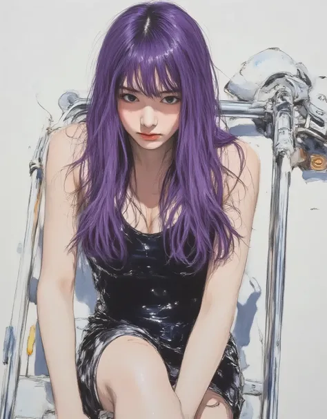 vivid, in en very detailed, Award-Winning Illustrations, professional. seduces viewers with her sexy eyes, (( crying expression 1.6))、(((Anatomically correct body))), portrait、Face Focus、sketch style、PURPLE GRADIENT HAIR、navy eyes、Woman wearing a latex dre...