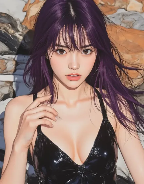 vivid, in en very detailed, Award-Winning Illustrations, professional. seduces viewers with her sexy eyes, (( crying expression 1.6))、(((Anatomically correct body))), portrait、Face Focus、sketch style、PURPLE GRADIENT HAIR、navy eyes、Woman wearing a latex dre...