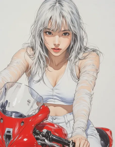 vivid, in en very detailed, Award-Winning Illustrations, professional. seduces viewers with her sexy eyes, ((Woman riding a red Ducati:1.6))、(((Anatomically correct body))), portrait、Face Focus、sketch style、silver gradation hair、navy eyes、wearing a white r...