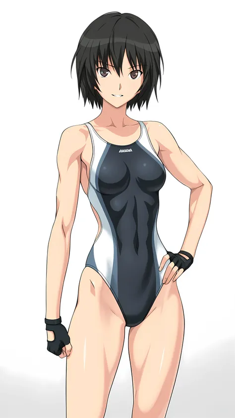 amagamiai, nanasaki ai, black hair, short hair, black eyes, medium breasts,, solo, (white competition swimsuit, black fingerless gloves), serious grin, (toned slender body, slim waist), looking at viewer, extremely detailed eyes and face, hand on hip, focu...