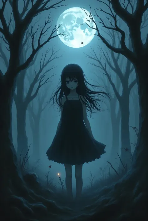 Anime Macabre girl, darkness, nighttime, foggy, twisted forest.