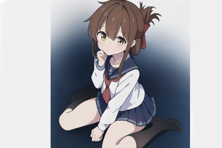 A girl in a miniskirt sailor uniform is sitting on the floor, feeling unwell and watching the class.,(masterpiece, best quality:1.2),illustration,8k,hd,1girl,solo,upper body,(portrait:1.2),brown_hair,folded_ponytail,brown_eyes,serafuku,long_hair,school_uni...