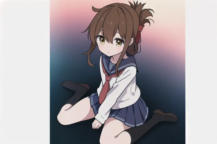 A girl in a miniskirt sailor uniform is sitting on the floor, feeling unwell and watching the class.,(masterpiece, best quality:1.2),illustration,8k,hd,1girl,solo,upper body,(portrait:1.2),brown_hair,folded_ponytail,brown_eyes,serafuku,long_hair,school_uni...