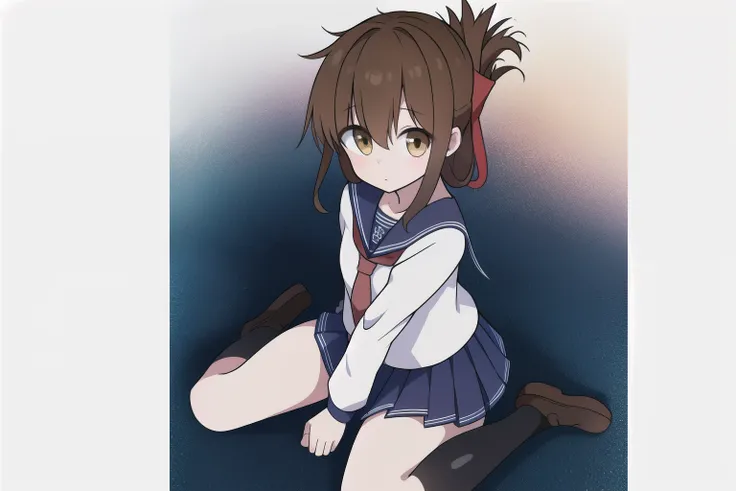 A girl in a miniskirt sailor uniform is sitting on the floor, feeling unwell and watching the class.,(masterpiece, best quality:1.2),illustration,8k,hd,1girl,solo,upper body,(portrait:1.2),brown_hair,folded_ponytail,brown_eyes,serafuku,long_hair,school_uni...
