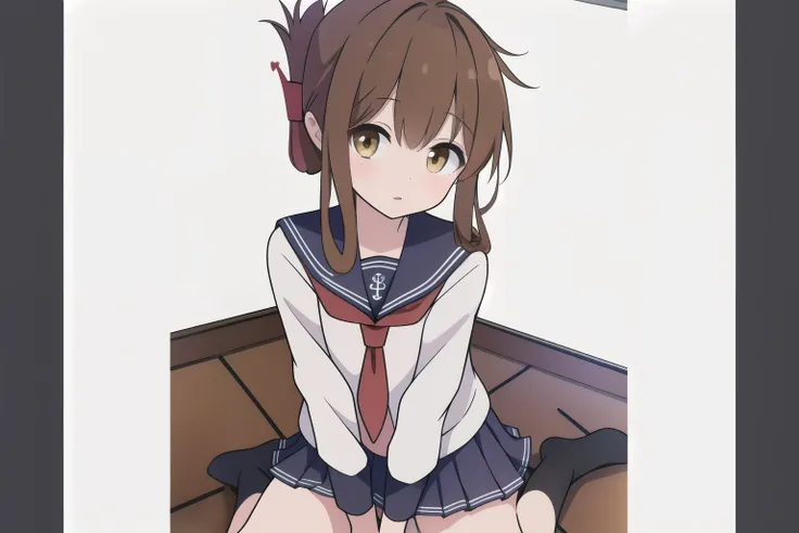 A girl in a miniskirt sailor uniform is sitting on the floor, feeling unwell and watching the class.,(masterpiece, best quality:1.2),illustration,8k,hd,1girl,solo,upper body,(portrait:1.2),brown_hair,folded_ponytail,brown_eyes,serafuku,long_hair,school_uni...