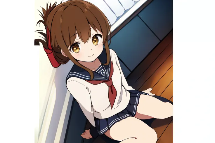 A girl in a miniskirt sailor uniform is sitting on the floor, feeling unwell and watching the class.,(masterpiece, best quality:1.2),illustration,8k,hd,1girl,solo,upper body,(portrait:1.2),brown_hair,folded_ponytail,brown_eyes,serafuku,long_hair,school_uni...