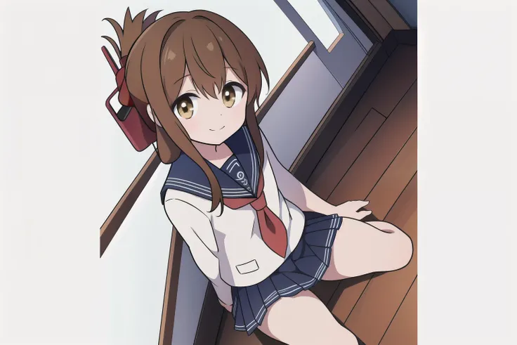A girl in a miniskirt sailor uniform is sitting on the floor, feeling unwell and watching the class.,(masterpiece, best quality:1.2),illustration,8k,hd,1girl,solo,upper body,(portrait:1.2),brown_hair,folded_ponytail,brown_eyes,serafuku,long_hair,school_uni...