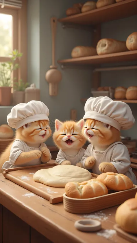 (((greatest masterpiece)))、(((Highest Quality)))、(((high resolution)))、Very cute kittens are wearing white cock hats and white aprons and kneading bread dough with a smile 、 realistic cinematic image (Bakery) kneading bread dough on a traditional wooden...