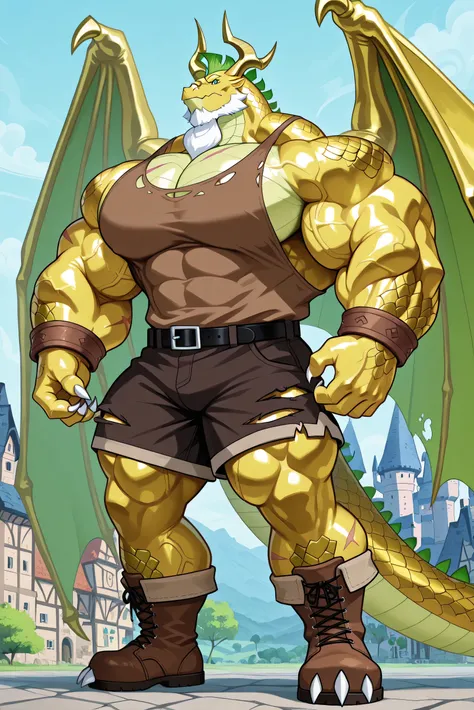 a giant strong muscles golden dragon, golden skin and scales, cartoon 2d style, detailed fantasy dragon, big eyes, muscular dragon body, sharp claws, giant wings, horns, white beard, gigantic chin, ginormous biceps enormous pectorals and powerful abs, scar...